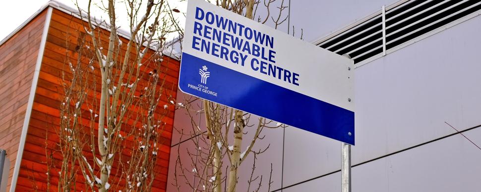 A sign outside the Downtown Renewable Energy Centre building that reads, "Downtown Renewable Energy Centre".