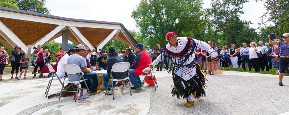 Traditional Lheidli T'enneh performance in front of the Lheidli T'enneh Memorial Park Pavilion during its June 2018 opening ceremony.