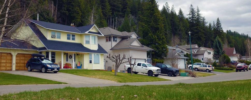 Houses in a neighbourhood with a tree line in the background.