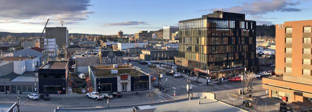 A view of downtown Prince George as seen from the top of a nearby parkade.