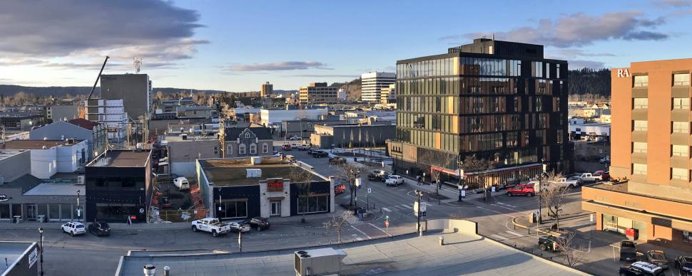 A view of downtown Prince George as seen from the top of a nearby parkade.