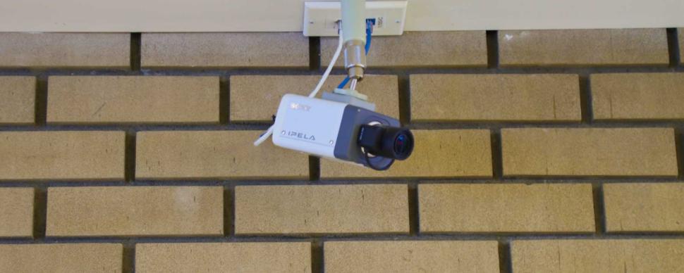 A closed circuit television camera on the first floor of Prince George's City Hall.
