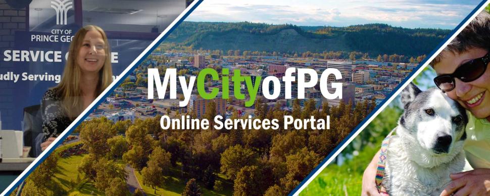 A photo collage of the City employee, downtown Prince George, and a woman with her dog.