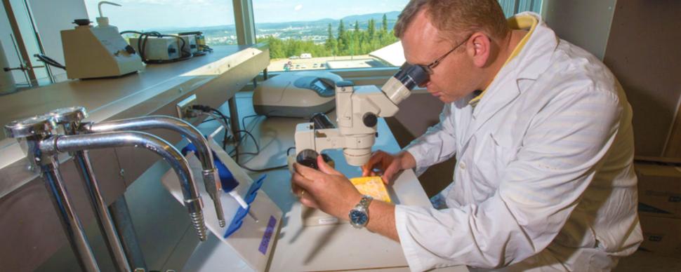 A lab technician peering into a microscope.