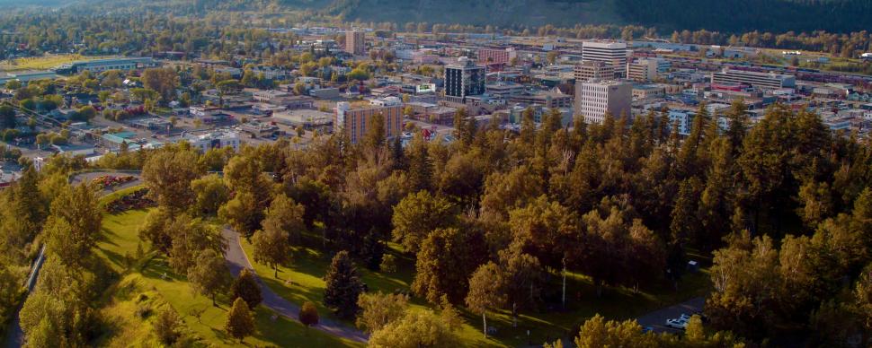 Aerial view of the city of Prince George on an early autumn day