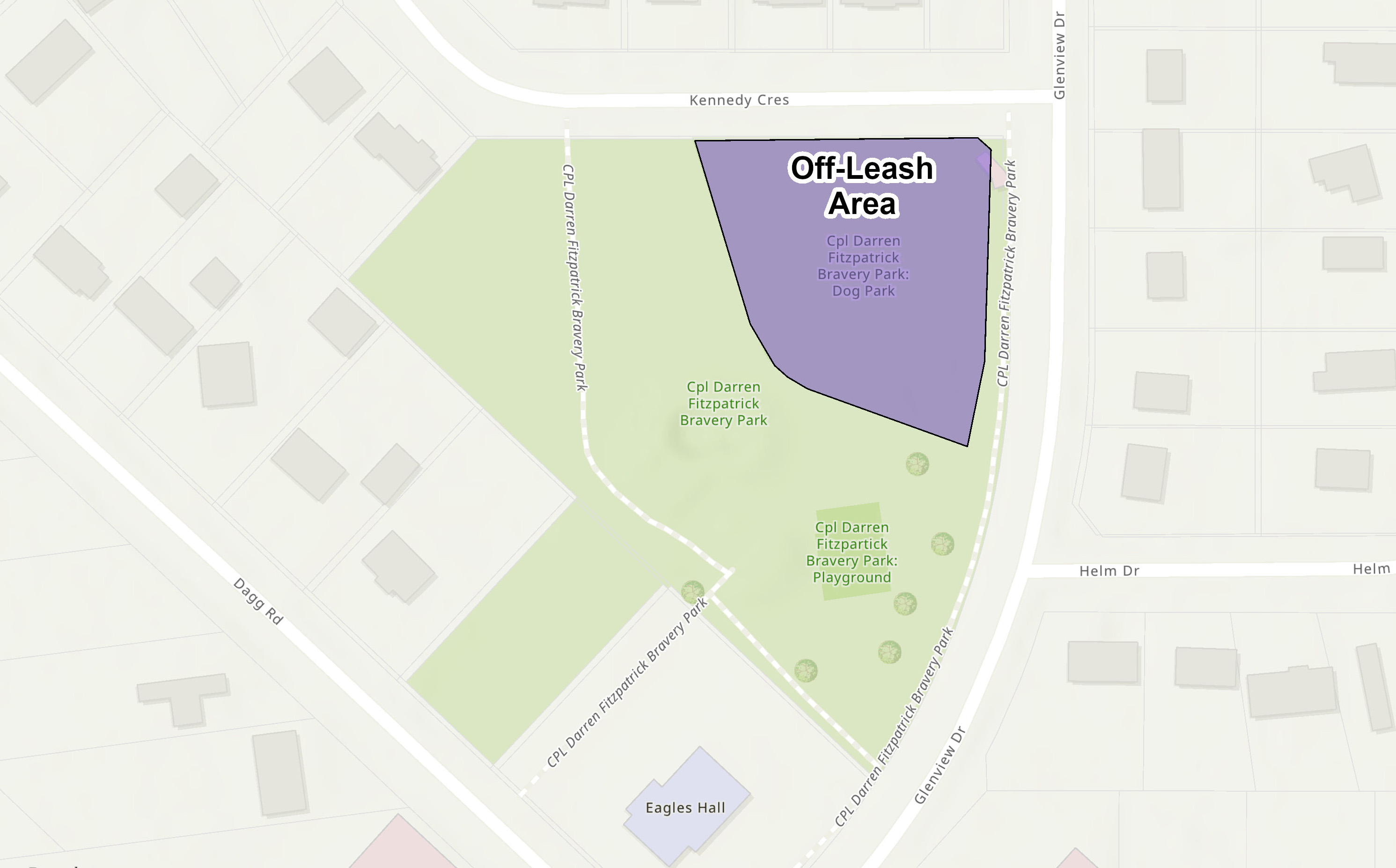 A map of the boundaries of the designated off-leash area at the park.
