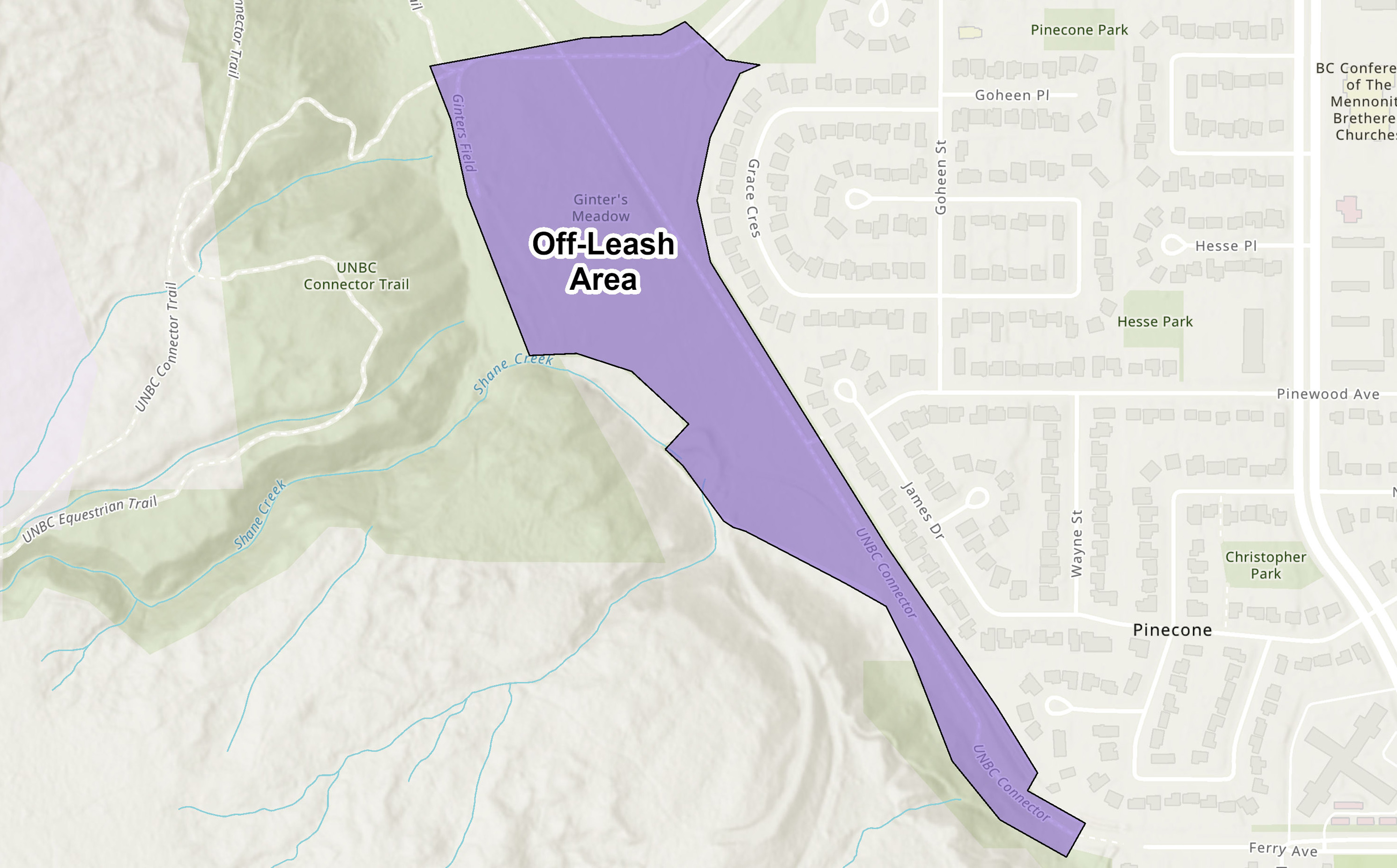 A map of the boundaries of the designated off-leash area at the park.