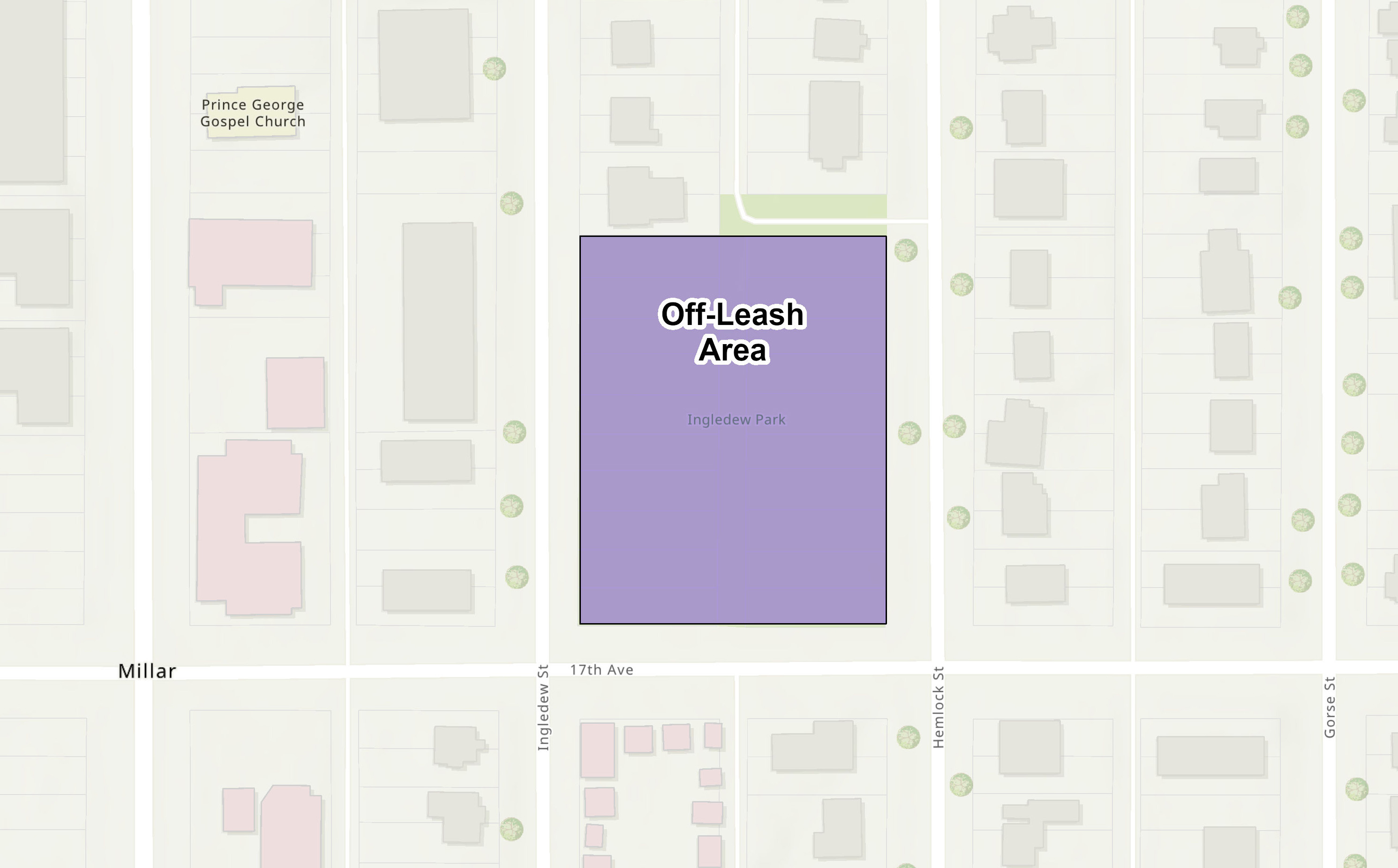 A map of the boundaries of the designated off-leash area at the park.