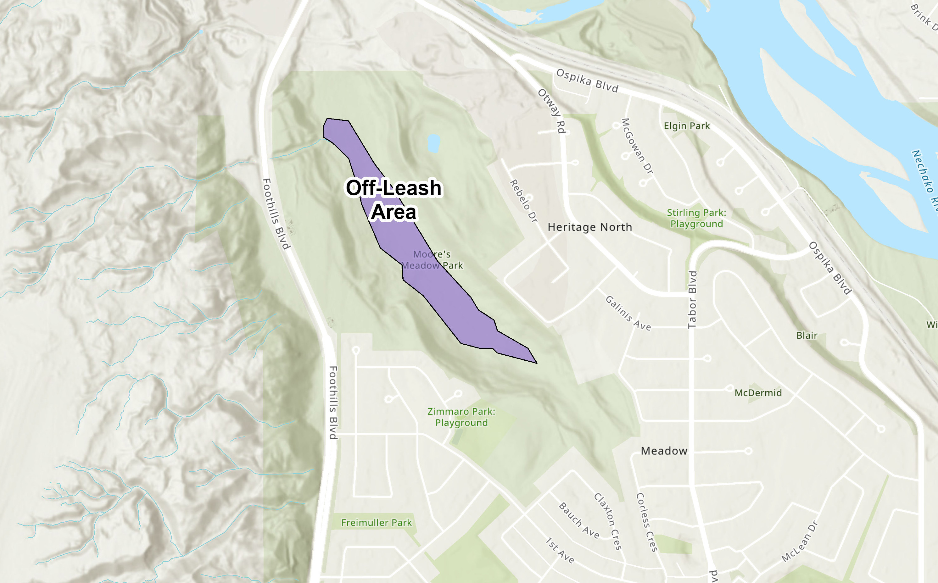 A map of the boundaries of the designated off-leash area at the park.