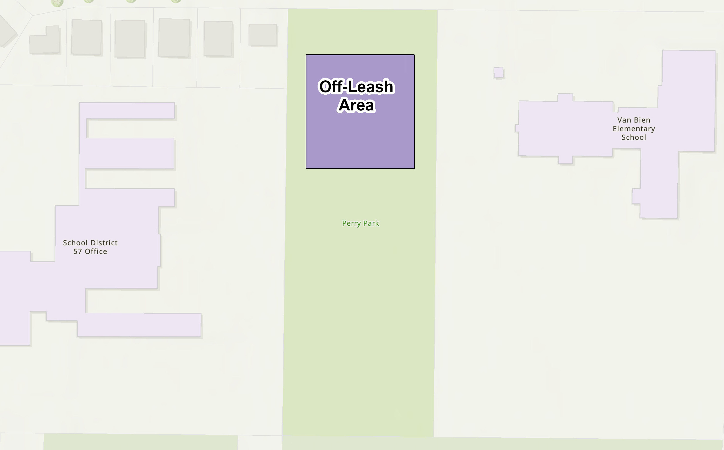 A map showing the fenced off-leash area at Perry Park next to the School District 57 office and Van Bien Elementary School