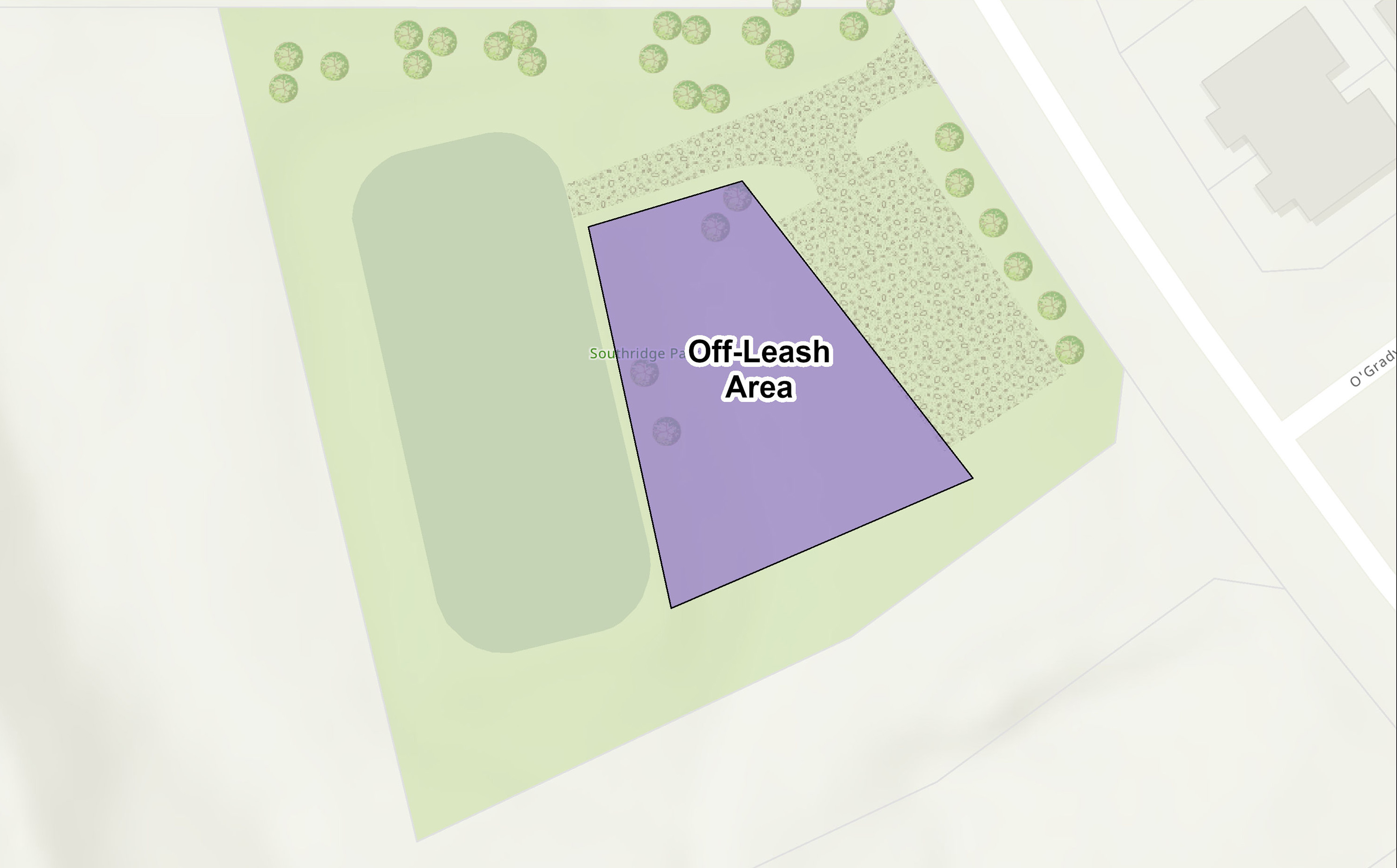 A map of the boundaries of the designated off-leash area at the park.